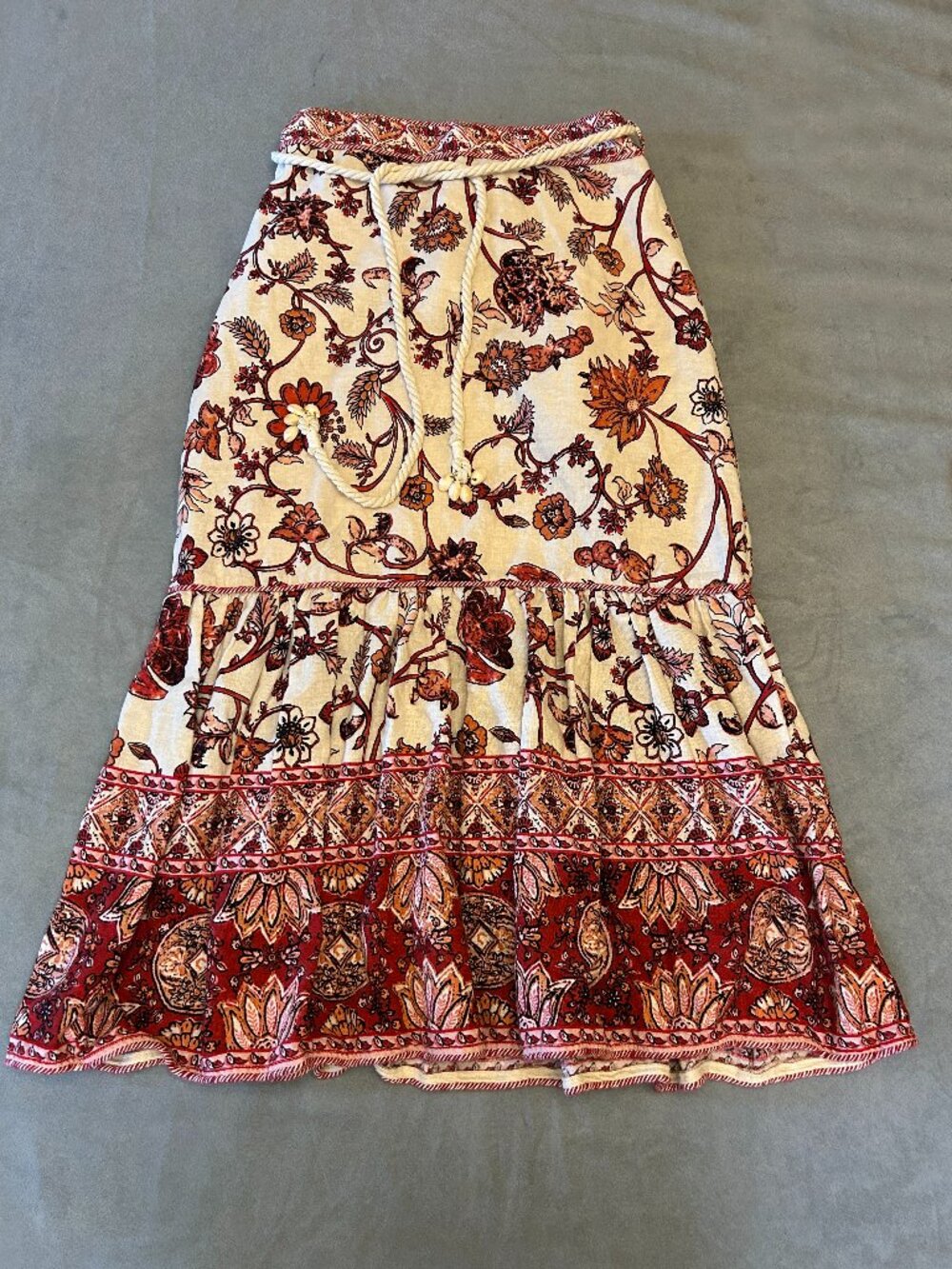 House of Harlow 1960 Boho Floral Tiered Midi Skirt Rope Drawstring Size Small